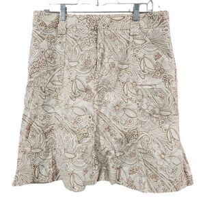 Eddie Bauer Floral Skirt Cotton Linen Blend 12P A-Line Flare Hem‎ Cream Brown
